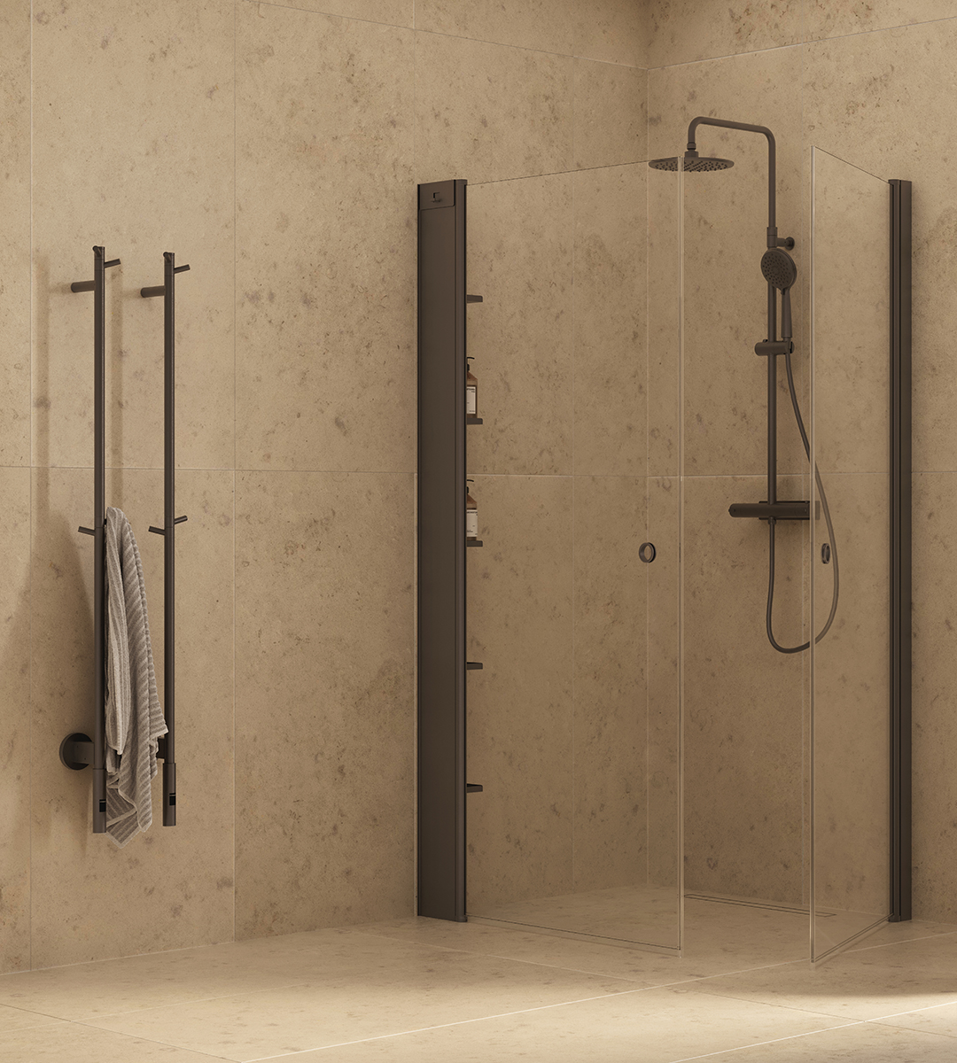 Skoga-suihkukulma ja Amor-pyyhekuivain Mocca-profiilivärissä