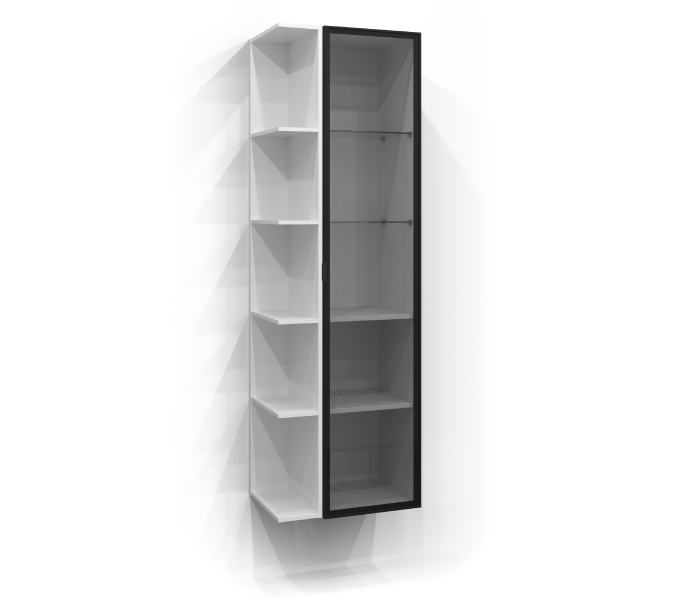 Korkea kaappi 160x35 lasiovella ja avohyllyllä
