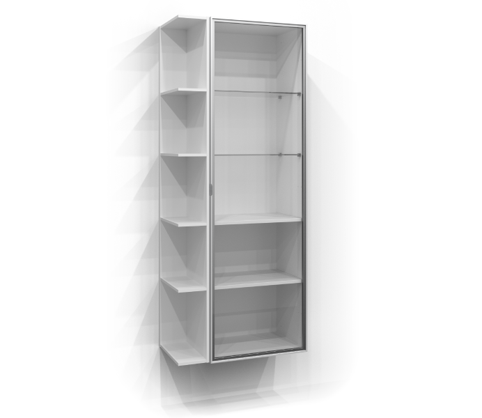 Korkea kaappi 160x50 lasiovella ja avohyllyllä