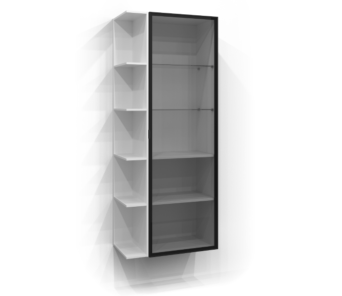 Korkea kaappi 160x50 lasiovella ja avohyllyllä