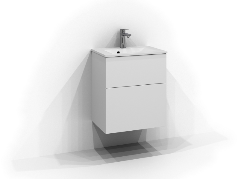 Poem-allaskaappi, 50 cm leveä, seinäkiinnitteinen, valkoinen, kaksi laatikkoa ilman vetimiä. Valkoinen posliininen pesuallas, jossa krominen yksiotehana on asennettu altaan keskelle.