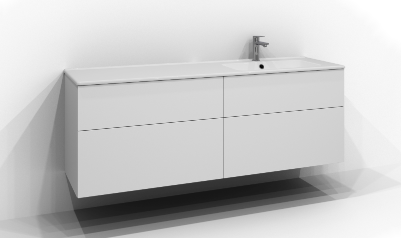 Poem-allaskaappi, 160 cm leveä, seinäkiinnitteinen, valkoinen, neljä laatikkoa ilman vetimiä. Valkoinen mineraalikomposiittiallas, jossa allas oikealla ja krominen yksiotehana asennettuna altaan oikealle puolelle.