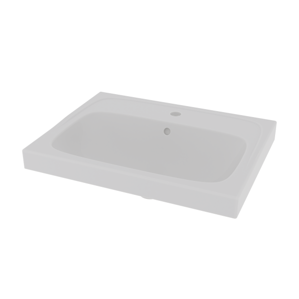 Pesuallas Deep valkoista posliinia, 60x45 cm, hanareiällä ja ylivuotoaukolla. Vinosti ylhäältä, läpinäkyvä tausta.