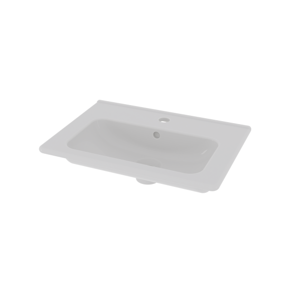 Pesuallas Hav valkoista posliinia, 50x35 cm, hanareiällä ja ylivuotoaukolla. Vinosti ylhäältä, läpinäkyvä tausta.
