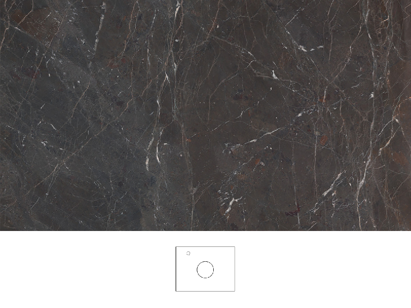 Brecc pöytätaso 60 cm tummassa kivikuosissa, elävä syykuvio ruskean, harmaan ja valkoisen sävyissä. Pesuallas keskellä pöytätasoa, kromattu yksiotehana pesualtaan vasemmalla puolella.