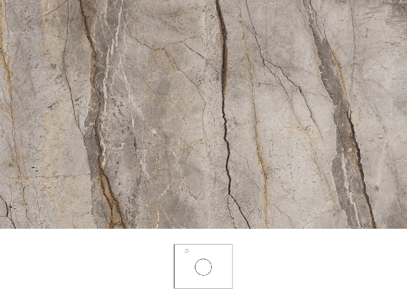 Silva pöytätaso 60 cm lämpimänharmaassa kivikuosissa, matta ja kevyesti kuvioitu pinta. Pesuallas keskellä pöytätasoa, kromattu yksiotehana pesualtaan vasemmalla puolella.