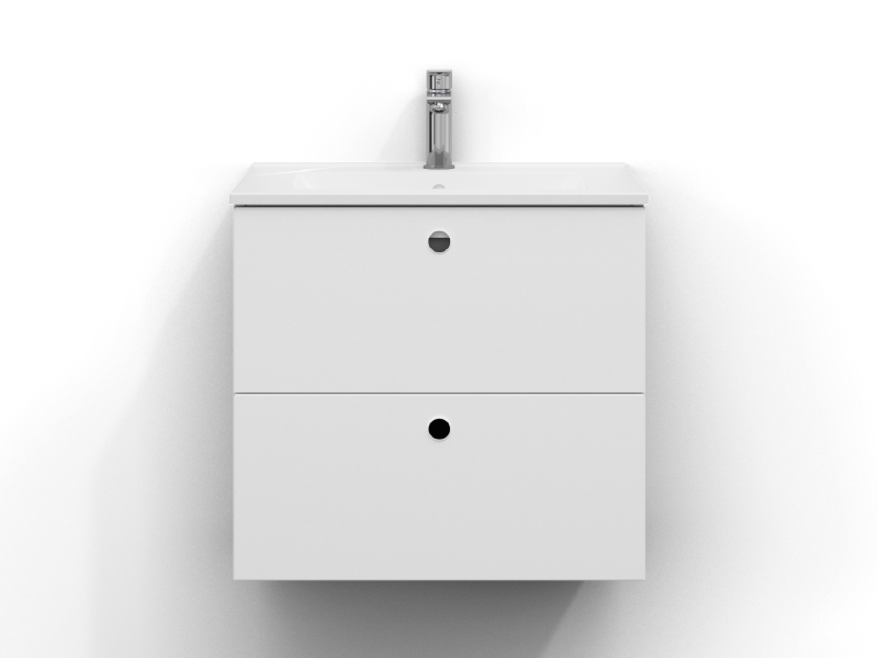 Intro allaskaappi 60 cm leveä, seinäkiinnitteinen, mattavalkoinen, kaksi laatikkoa ja sormivetoura. Valkoinen posliininen pesuallas, jossa krominen yksiotehana on asennettu altaan keskelle.