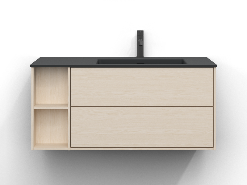 Epos-allaskaappi, 100 cm leveä, seinäkiinnitteinen, valkoisessa saarnissa, jossa kaksi laatikkoa, ilman vetimiä. Saaren sävyinen mineraalikomposiittiallas, jossa allas oikealla ja krominen yksiotehana asennettuna altaan oikealle puolelle.