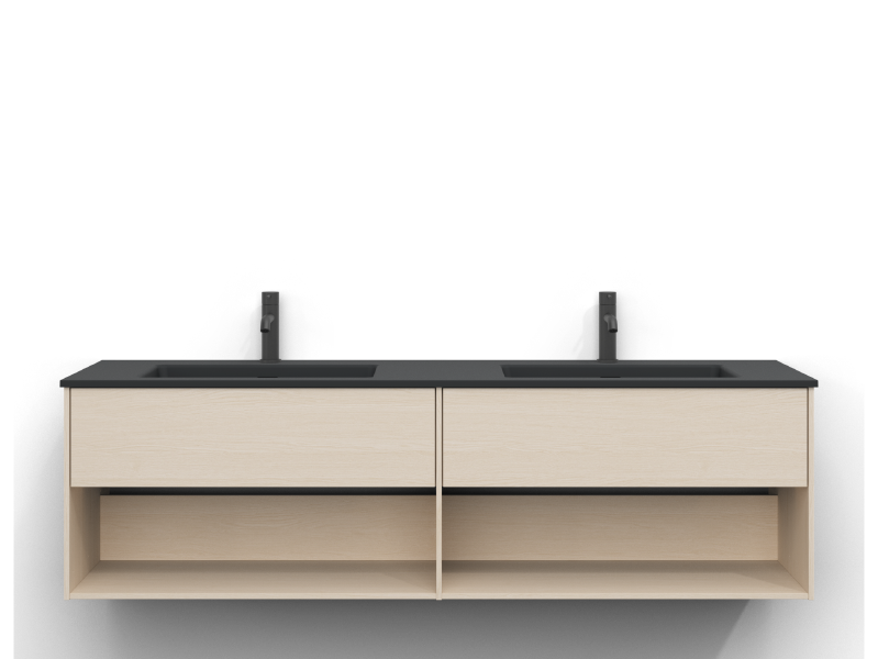 Epos-allaskaappi, 160 cm leveä, seinäkiinnitteinen, valkoisessa saarnissa, jossa kaksi laatikkoa ja kaksi avohyllyä, ilman vetimiä. Saaren sävyinen mineraalikomposiittiallas, jossa on kaksi allasta ja kromiset yksiotehanat asennettuna kummankin altaan kohdalle.