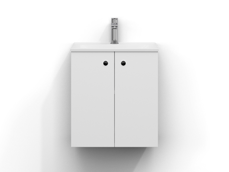 Intro allaskaappi 50 cm leveä, seinäkiinnitteinen, mattavalkoinen, kaksi ovea ja sormivetoura. Valkoinen posliininen pesuallas, jossa krominen yksiotehana on asennettu altaan keskelle.