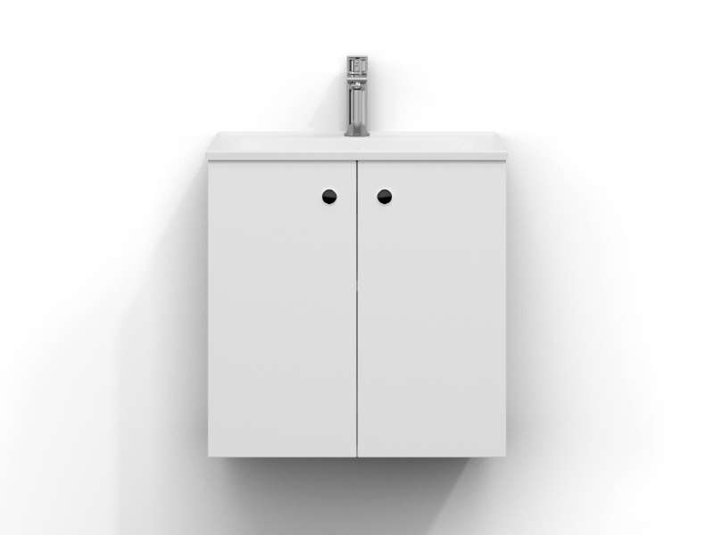 Intro allaskaappi 55 cm leveä, seinäkiinnitteinen, mattavalkoinen, kaksi ovea ja sormivetoura. Valkoinen posliininen pesuallas, jossa krominen yksiotehana on asennettu altaan keskelle.