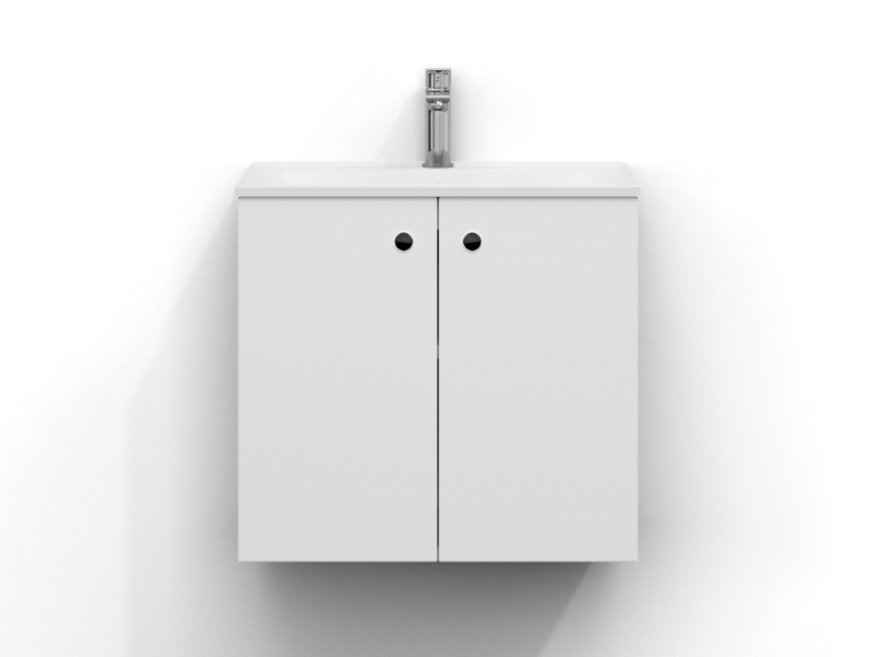 Intro allaskaappi 60 cm leveä, seinäkiinnitteinen, mattavalkoinen, kaksi ovea ja sormivetoura. Valkoinen posliininen pesuallas, jossa krominen yksiotehana on asennettu altaan keskelle.