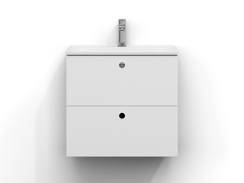 Intro allaskaappi 60 cm leveä, seinäkiinnitteinen, mattavalkoinen, kaksi laatikkoa ja sormivetoura. Valkoinen posliininen pesuallas, jossa krominen yksiotehana on asennettu altaan keskelle.