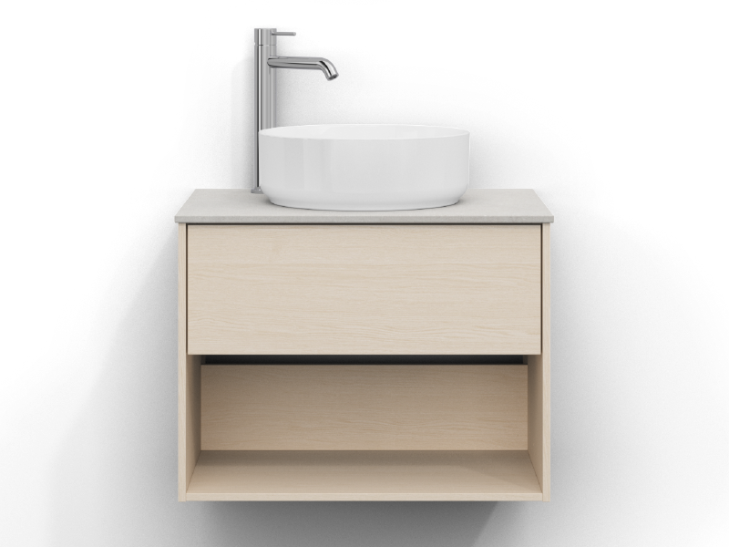 Epos-allaskaappi, 60 cm leveä, seinäkiinnitteinen, valkoisessa saarnissa, jossa yksi laatikko ja yksi avohylly, ilman vedintä. Beric pöytätaso 60 cm vaaleassa kalkkikivikuosissa, silkkimatta ja hienovaraisesti kuvioitu pinta. Pesuallas keskellä pöytätasoa, kromattu yksiotehana pesualtaan vasemmalla puolella.